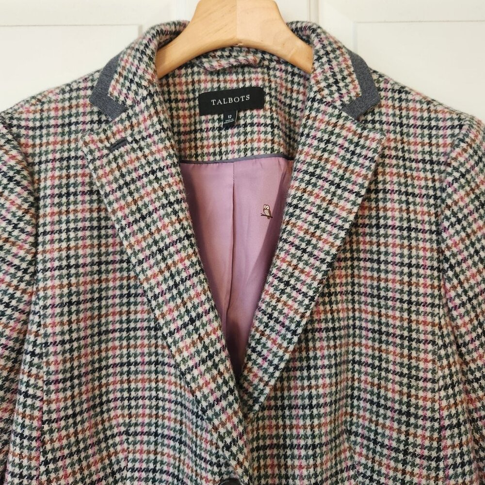 Talbots Houndstooth Check Wool Blazer Owl Print Fall Winter Office Classic 12 - Picture 3 of 11